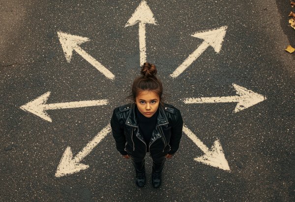 Mädchen auf einer Straße mit vielen Pfeilen. Foto: AdobeStock