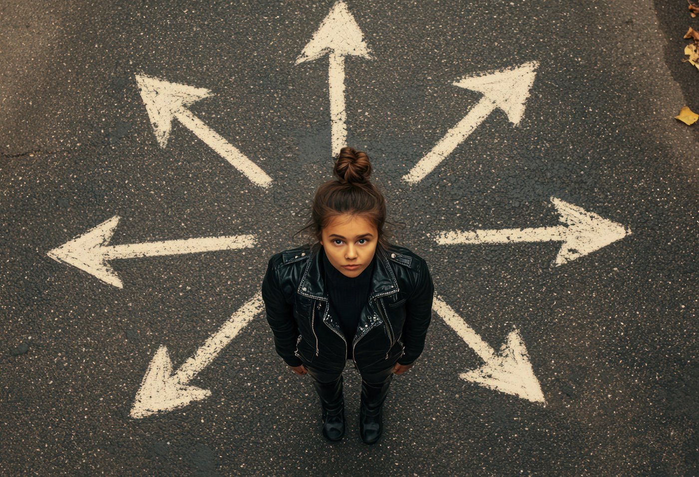 Mädchen auf einer Straße mit vielen Pfeilen. Foto: AdobeStock