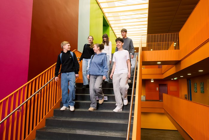 Schüler laufen die Schultrepper herunter 