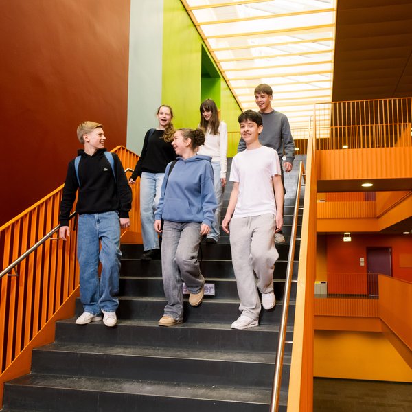 Schüler laufen die Schultrepper herunter 